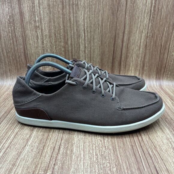 OluKai Shoes Mens 10 Manoa Brown Canvas Lace Up Boat Loafer Textile - Picture 1 of 8
